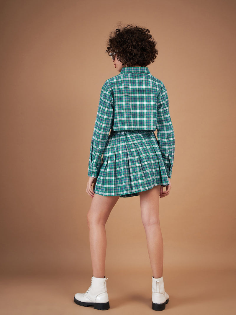 Women Green Yarndyed Check Crop Shirt With Mini Skirt