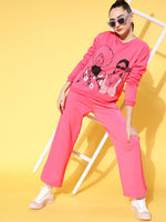 Women Pink Fleece Line Art Sweatshirt With Track Pants