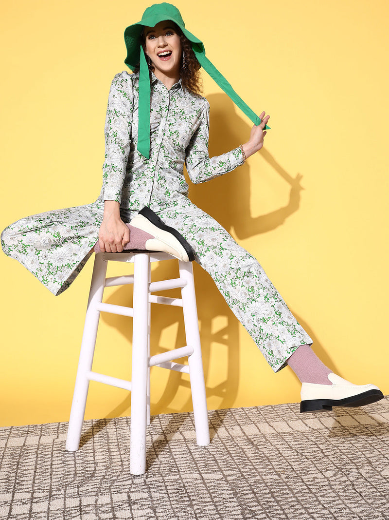 Women Green Floral Ruched Shirt With Bellbottom Pants