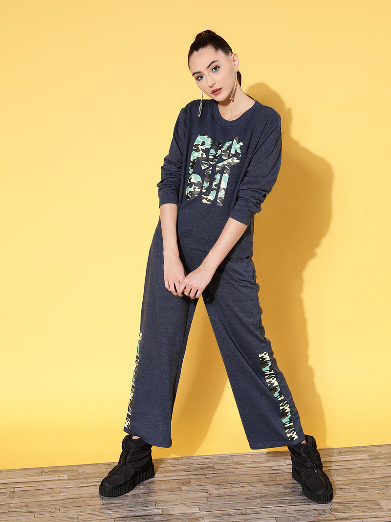 Women Blue Terry ROCK OUT Sweatshirt With Track Pants