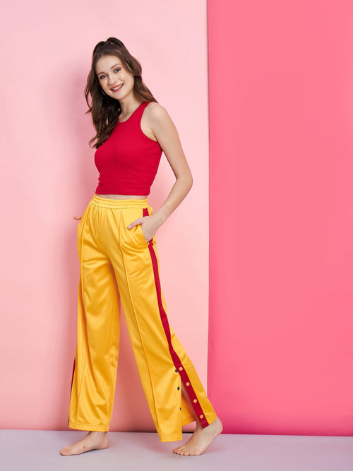 Women Red Rib Crop Top With Yellow Side Button Track Pants