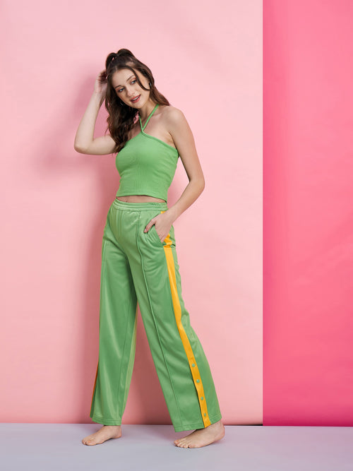 Women Green Halter Rib Crop Top With Side Button Track Pants