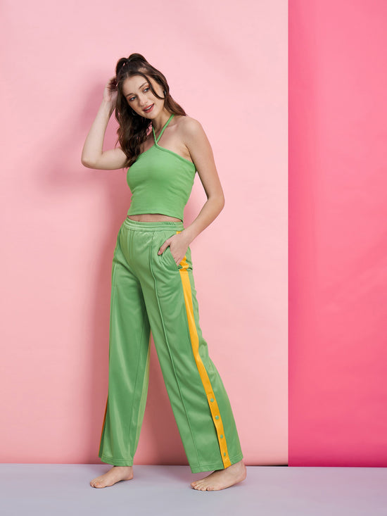 Women Green Halter Rib Crop Top With Side Button Track Pants