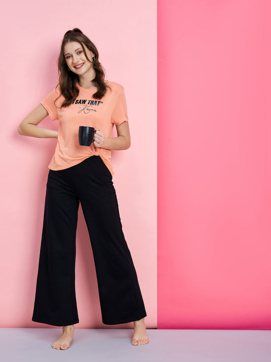 Women Peach I SAW KARMA T-shirt With Black Track Pants