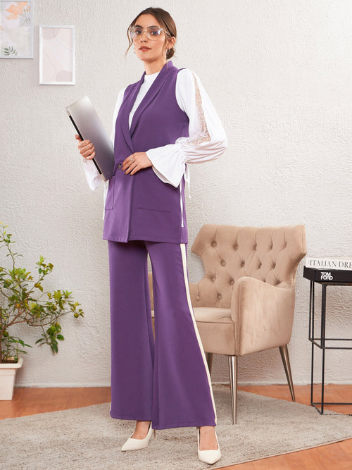 Women Purple Sleeveless Blazer With Bell Bottom Pants