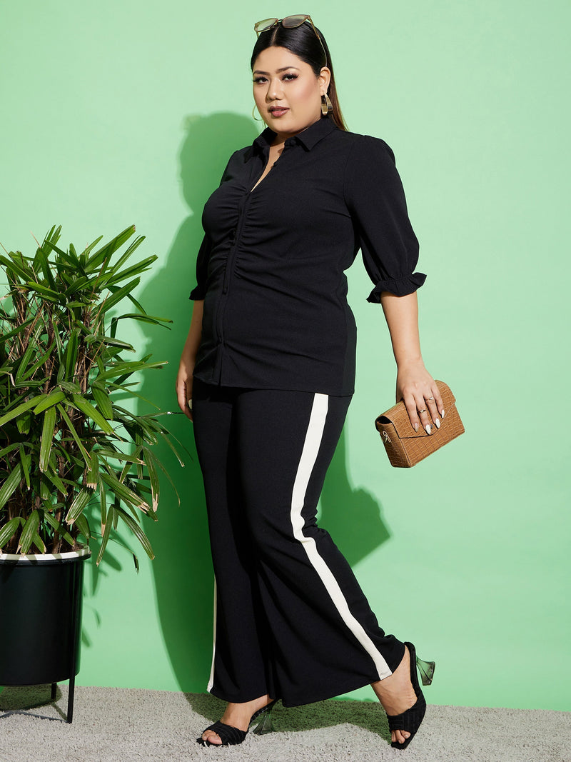 Women Black Ruched Shirt With Side Tape Pants