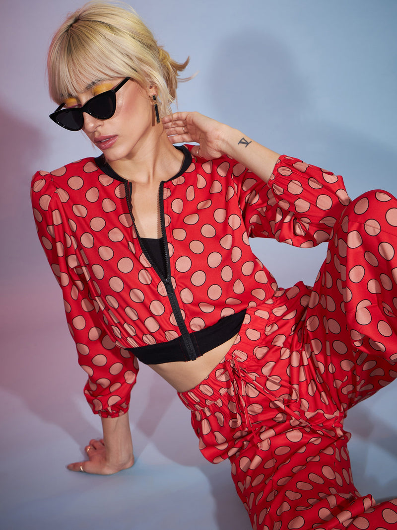 Women Red Polka Jacket With Darted Pants