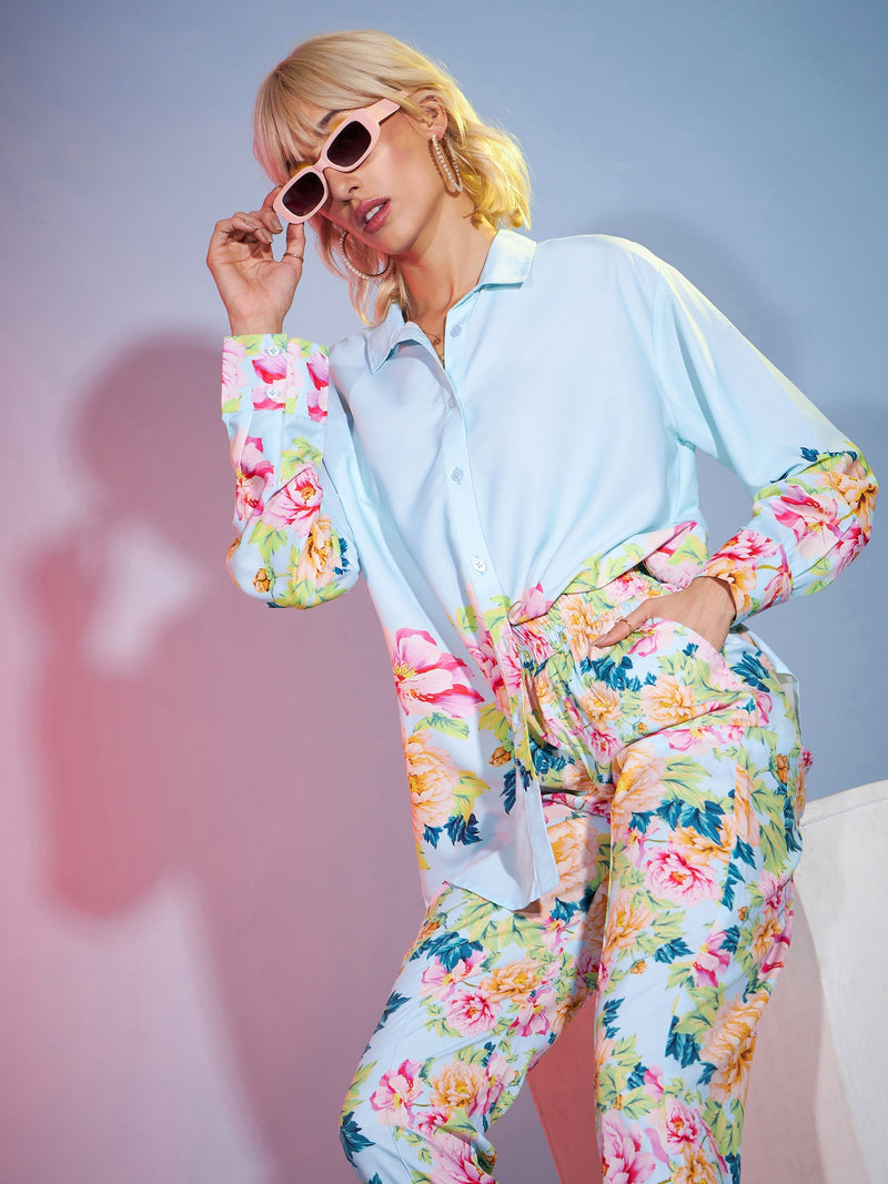 Women Turquoise Floral Oversized Shirt With Tapered Pants