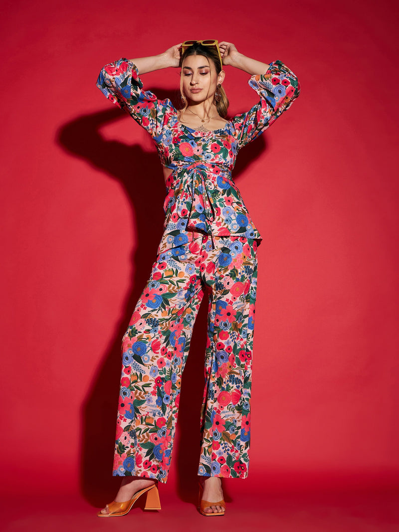 Women Multi Floral Peplum Top With Straight Pants