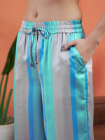 Women Sea Green Satin Stripe Kaftan Top With Lounge Pants