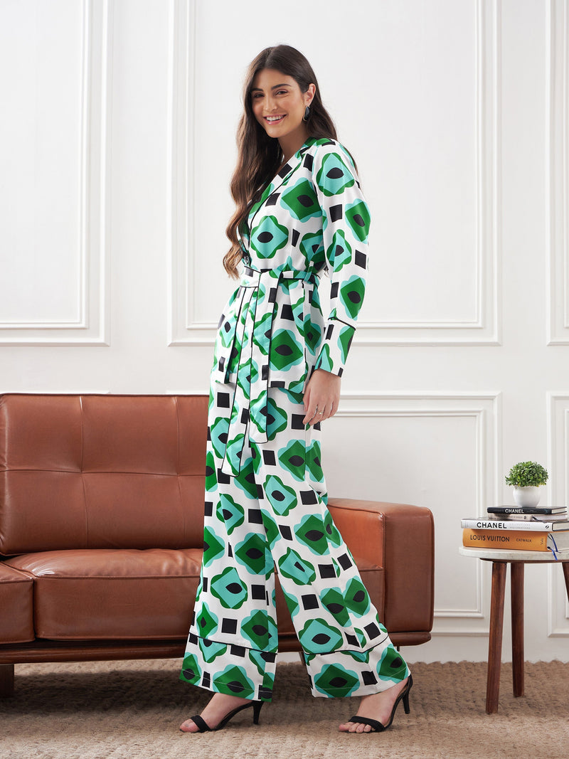Women Green & White Satin Belted Shirt With Lounge Pants