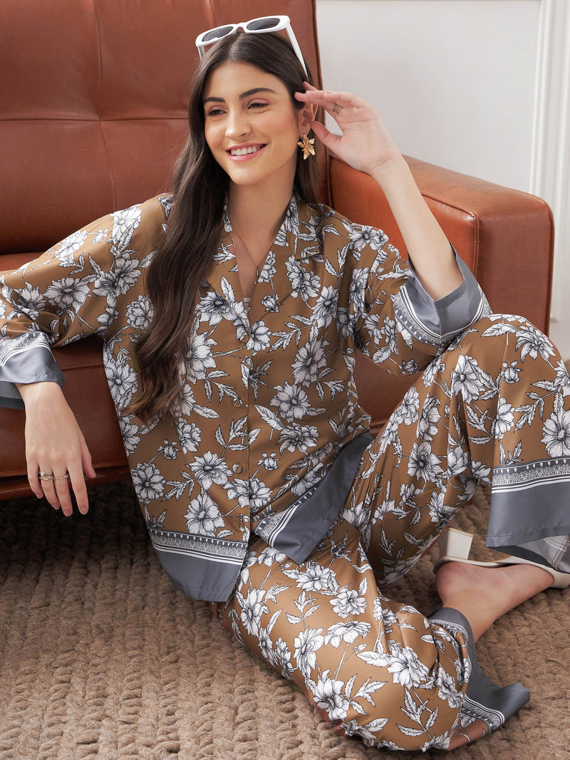 Women Brown & Grey Floral Notch Collar Shirt With Lounge Pants