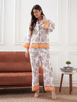 Women White & Mustard Floral Notch Collar Shirt With Lounge Pants