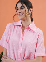 Women Pink Seersucker Crop Shirt With Shorts
