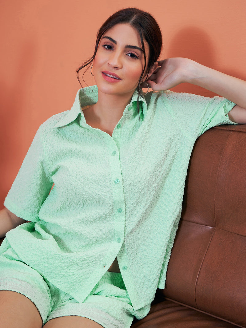 Women Mint Green Seersucker Crop Shirt With Shorts