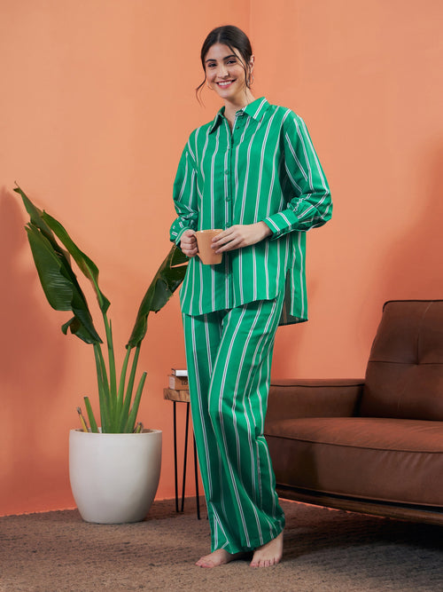 Women Green Stripes Shirt With Lounge Pants