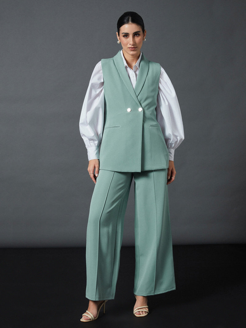 Women Blue Sleeveless Blazer With Darted Palazzo Pants