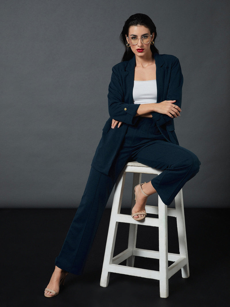 Women Airforce Blue Longline Blazer With Darted Pants