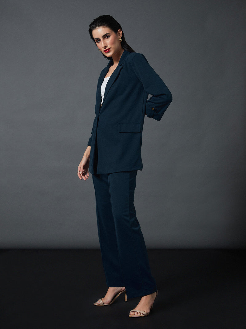 Women Airforce Blue Longline Blazer With Darted Pants
