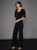 Women Black Puff Sleeves Top With Bell Bottom Pants