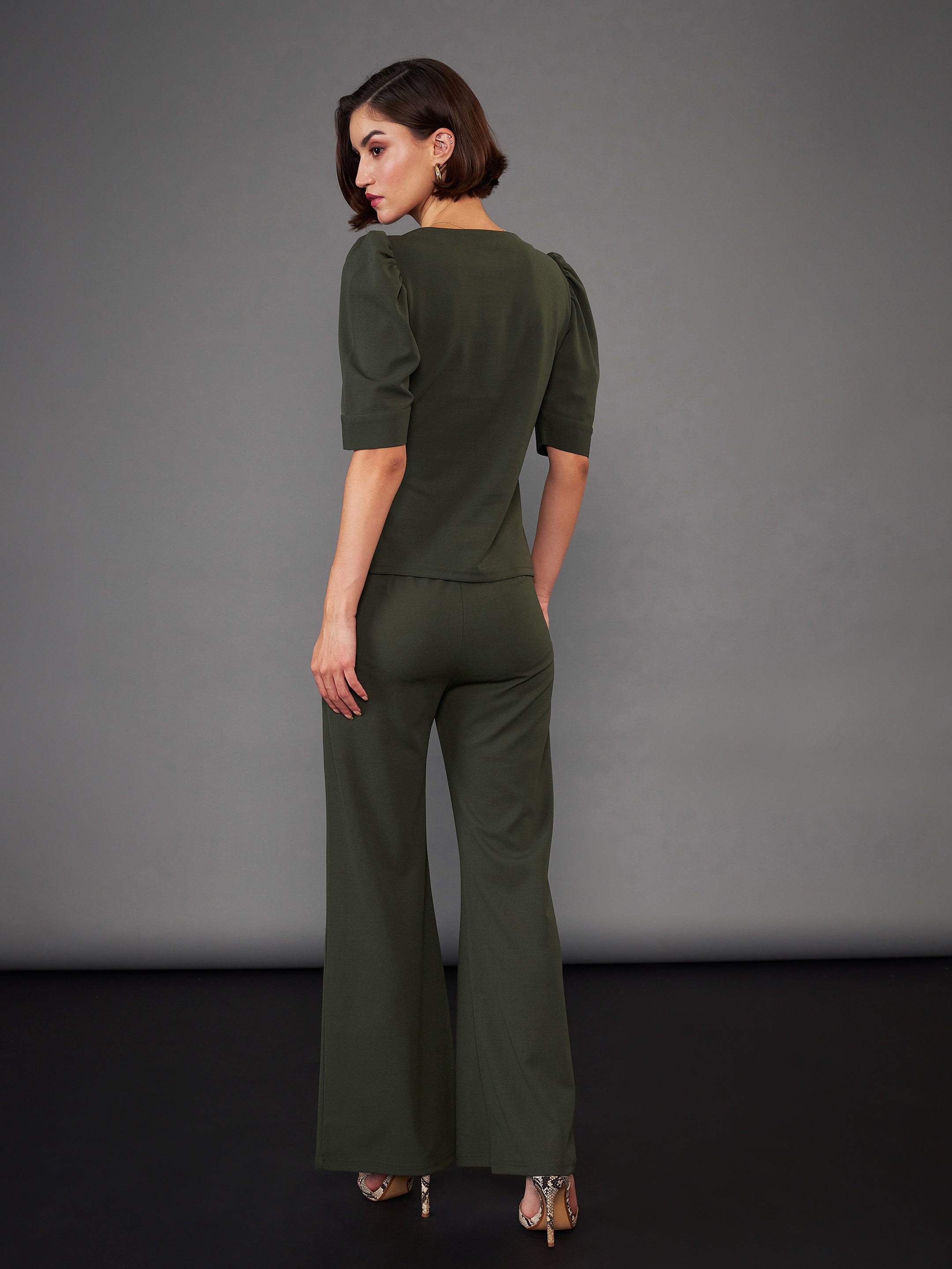 Women Olive Front Button Bell Bottom Pants