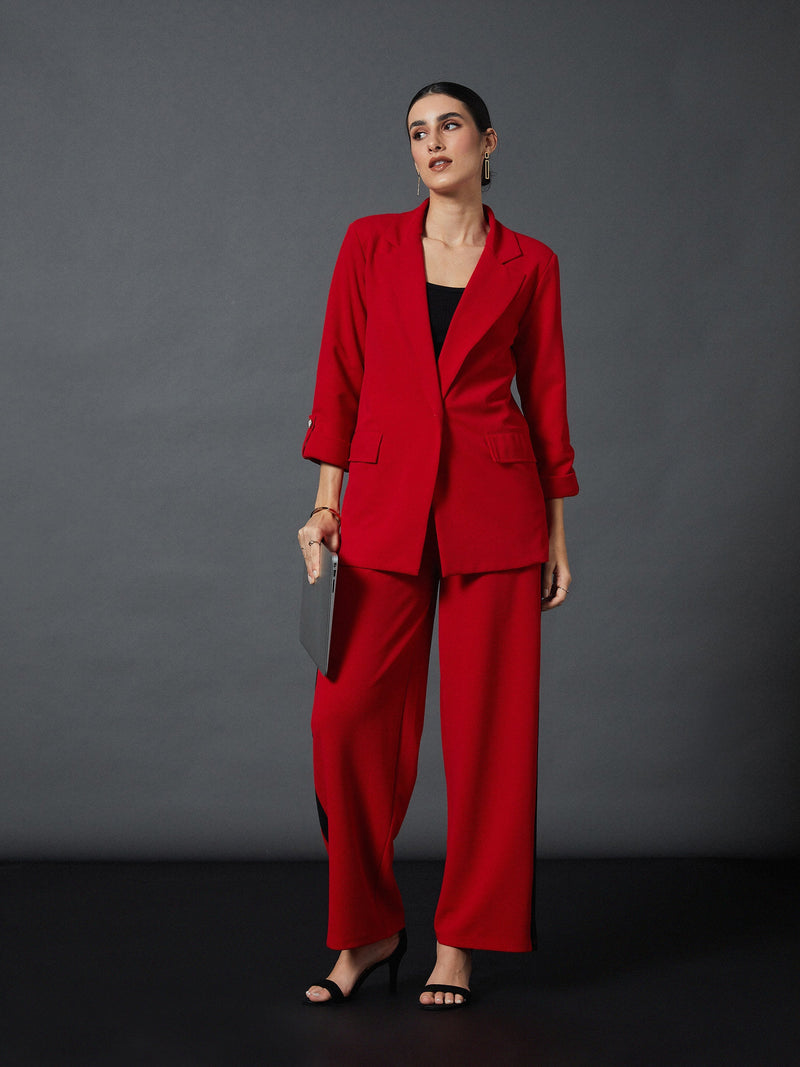 Women Red Front Button Blazer With Straight Pants