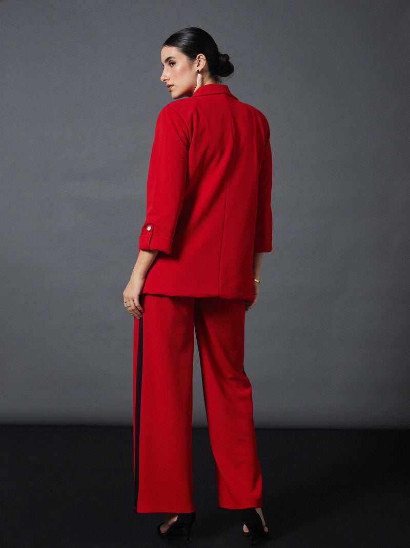 Women Red Front Button Blazer With Straight Pants