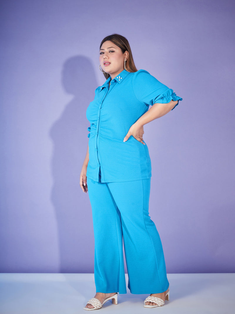 Women Turquoise Ruched Pearl Shirt With Bell Bottom Pants