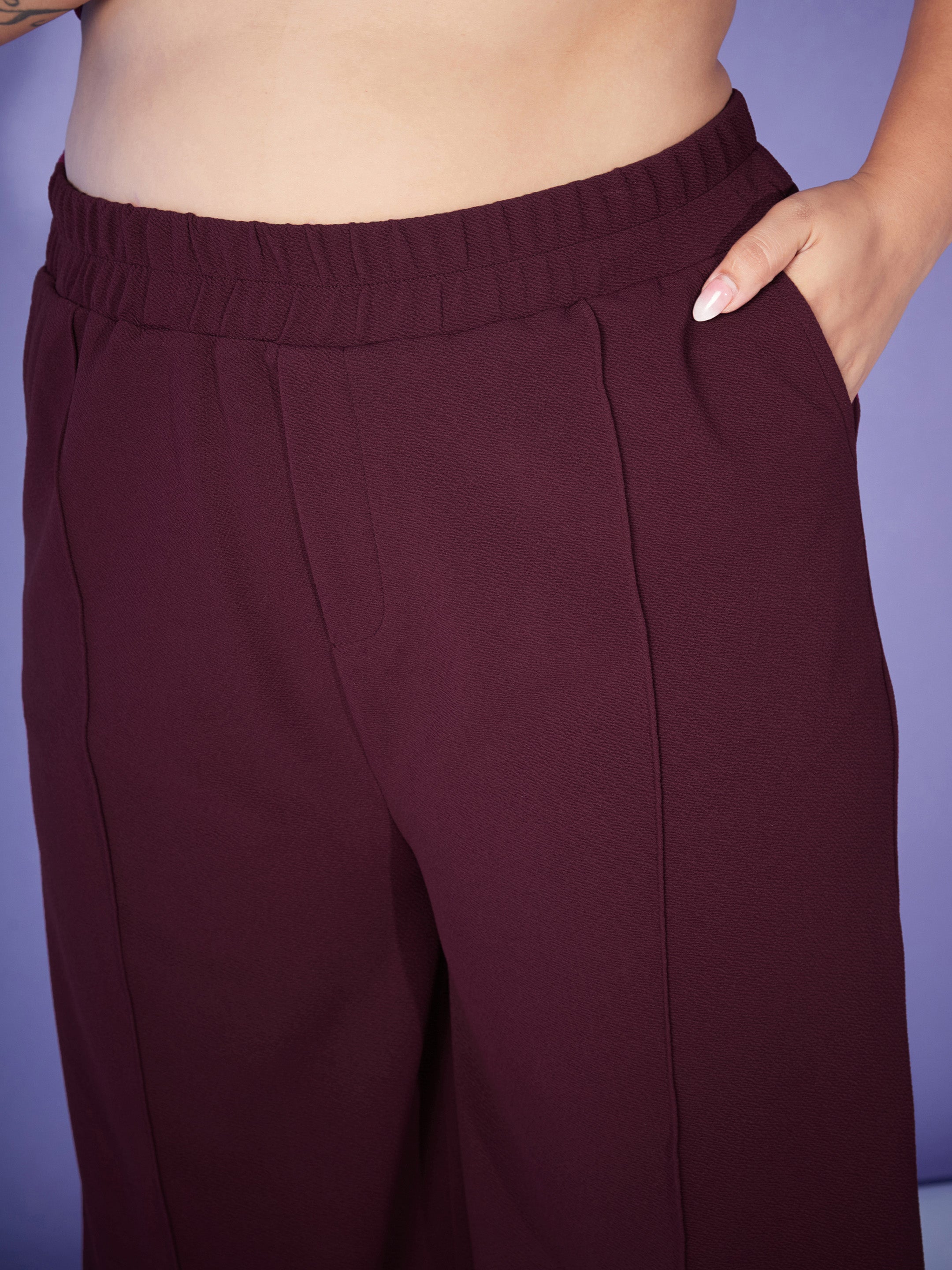 Women Burgundy Belted Top With Bell Bottom Pants