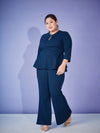 Women Blue Keyhole Top With Bell Bottom Pants