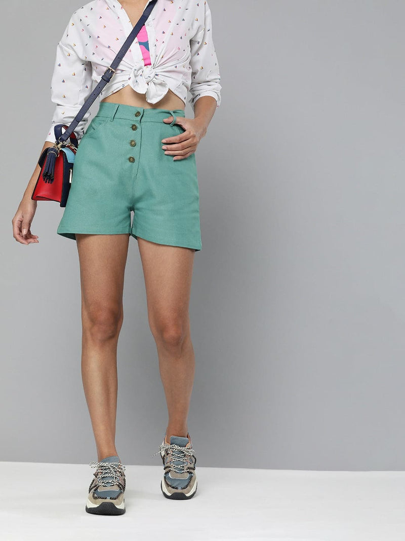 Sea Green Front Button Shorts