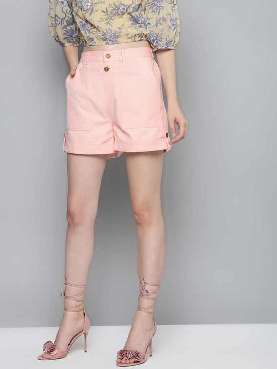 Pink Side Button Twill Shorts