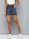 Blue Denim Red Heart Print Shorts