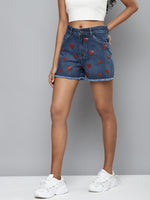 Blue Denim Red Heart Print Shorts