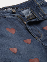 Blue Denim Red Heart Print Shorts