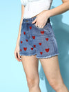 Women Blue Denim Red Heart Print Shorts