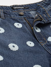 Blue Denim White Heart Print Shorts