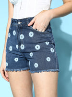 Women Blue Denim White Floral Print Shorts