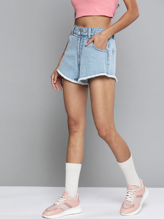 Blue Denim High Waist A-Line Shorts