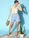 Women Blue Gingham Check High Waist Shorts