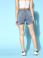 Women Blue Pearl Side Distressed Denim Shorts