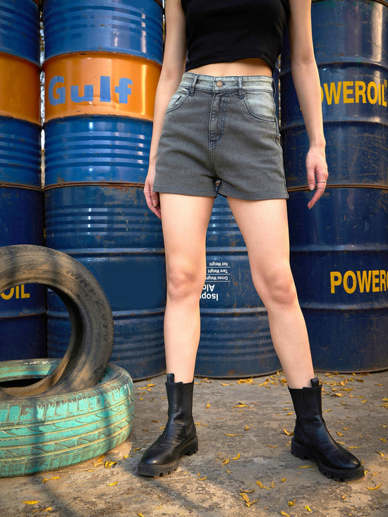 Women Grey Acid Wash Denim Shorts