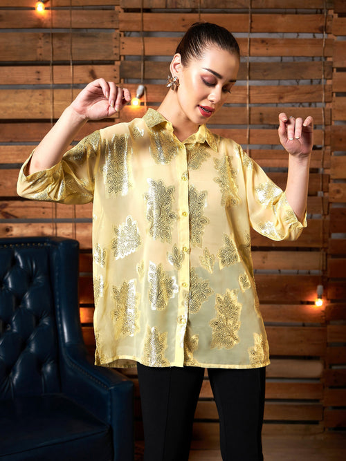 Women Yellow Jacqaurd Boxy Shirt