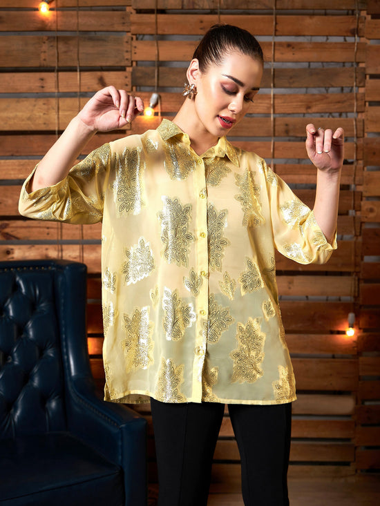 Women Yellow Jacqaurd Boxy Shirt