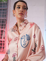 Women Beige Satin Line Art Oversized Shirt