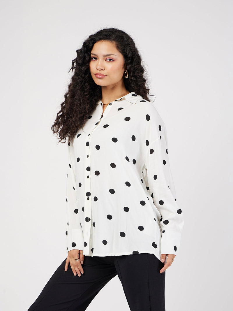 Women White & Black Polka Dot Oversize Shirt