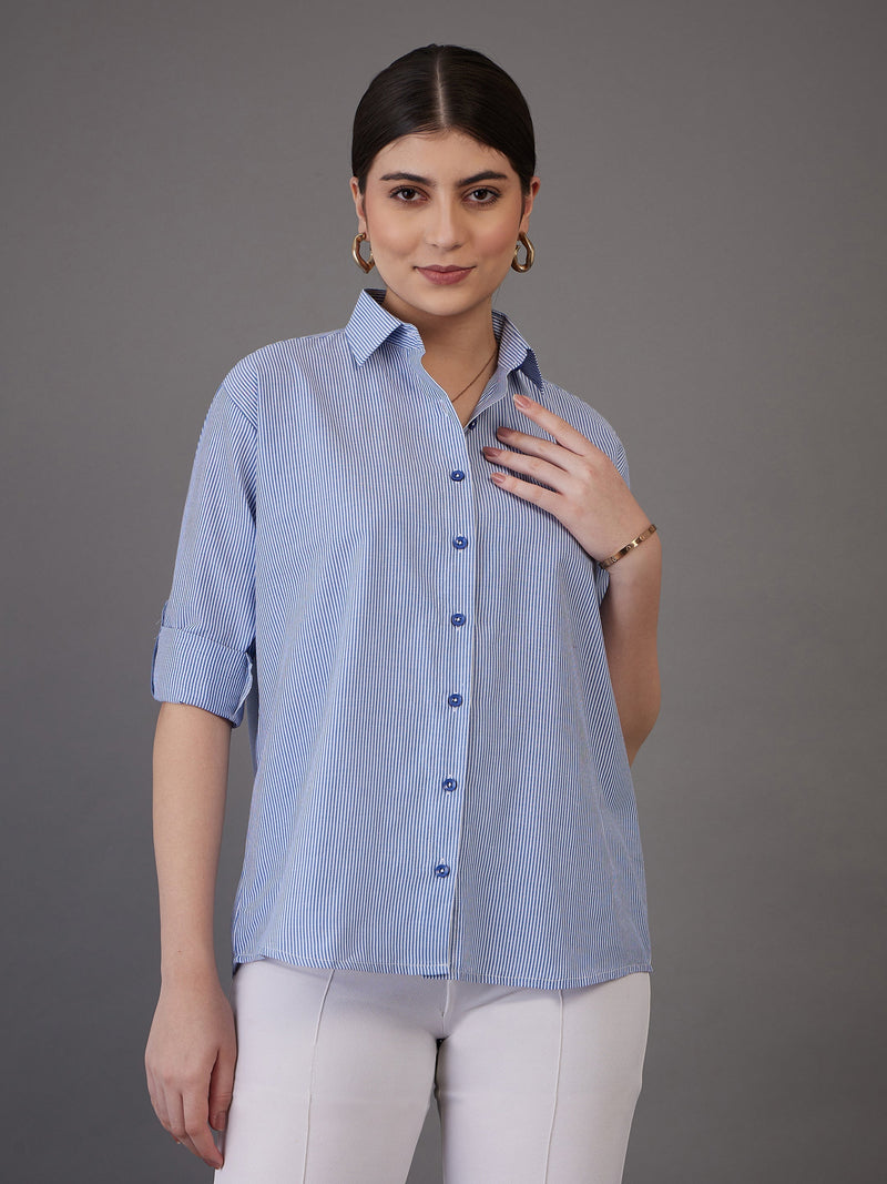 Women Navy Pin Stripes Regular Fit Shirt