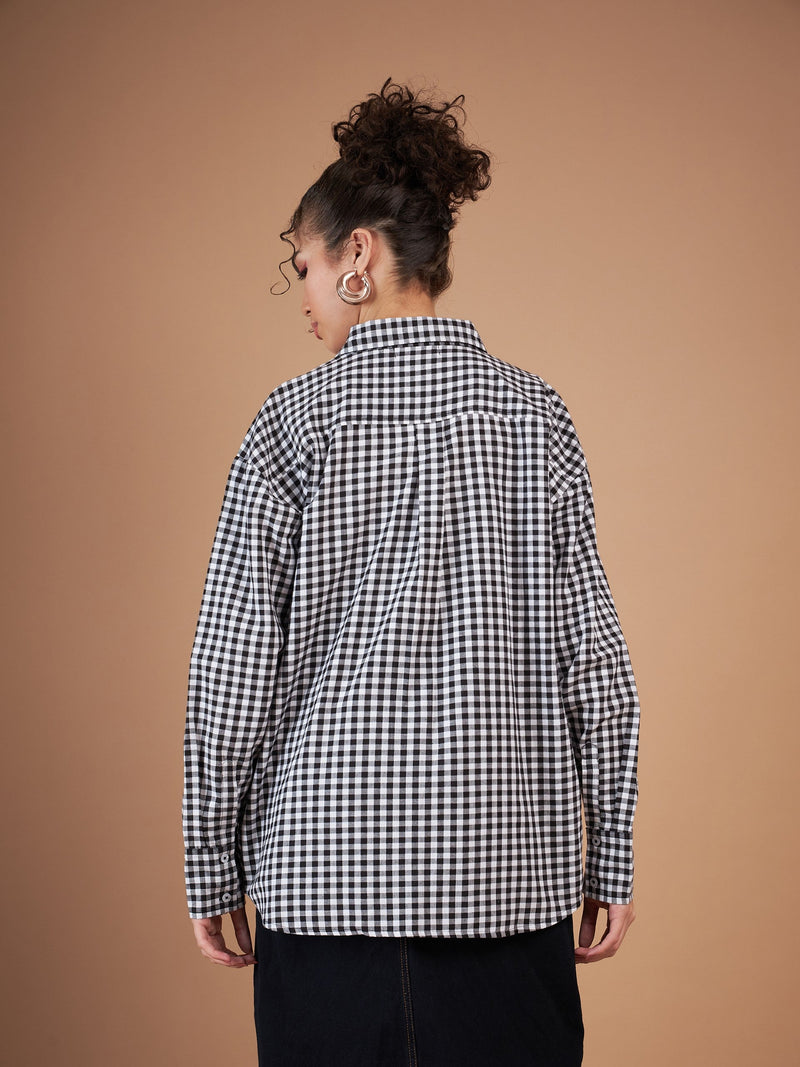 Women Black & White Yarn Dyed Check Oversized Shirt