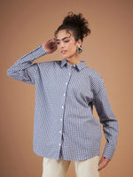 Women Navy & White Yarn Dyed Check Oversized Shirt