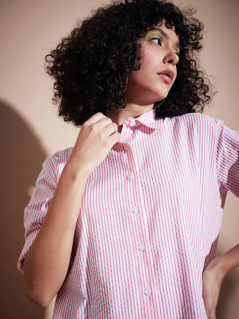 Women Pink Seersucker Pinstriped Oversized Shirt